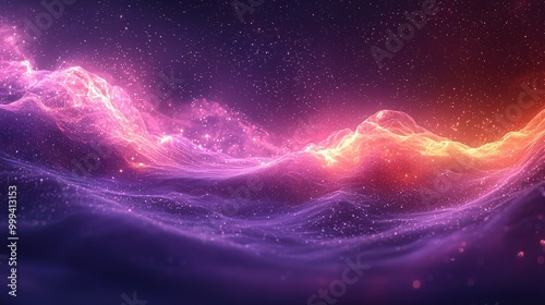 Abstract background of pink and orange waves with stars in the sky.