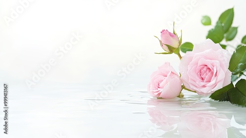 Horizontal Damask Rose (Rosa damascena) with Pink Petals and Dewdrops on White Background for Luxury Skincare, Spa, and Beauty Concepts in Banners and Posters