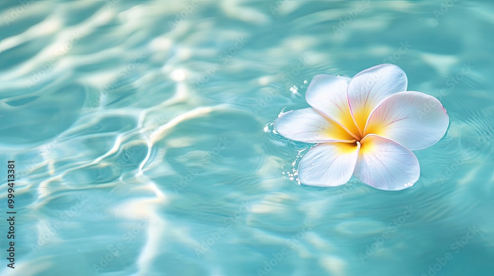 Creamy White and Yellow Frangipani Floating on Turquoise Water with Gentle Ripples for Skincare and Tropical Beauty Concept in Banners and Posters Creamy White and Yellow Frangipani Floating on Turquoise Water with Gentle Ripples for Skincare and Tropical Beauty Concept in Banners and Posters