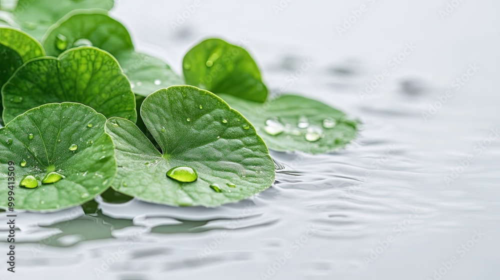 Horizontal Cluster of Centella Asiatica Leaves with Water Droplets and Reflection on White Background for Skincare, Rejuvenation, and Health Concept in Banners and Posters Horizontal Cluster of Centella Asiatica Leaves with Water Droplets and Reflection on White Background for Skincare, Rejuvenation, and Health Concept in Banners and Posters