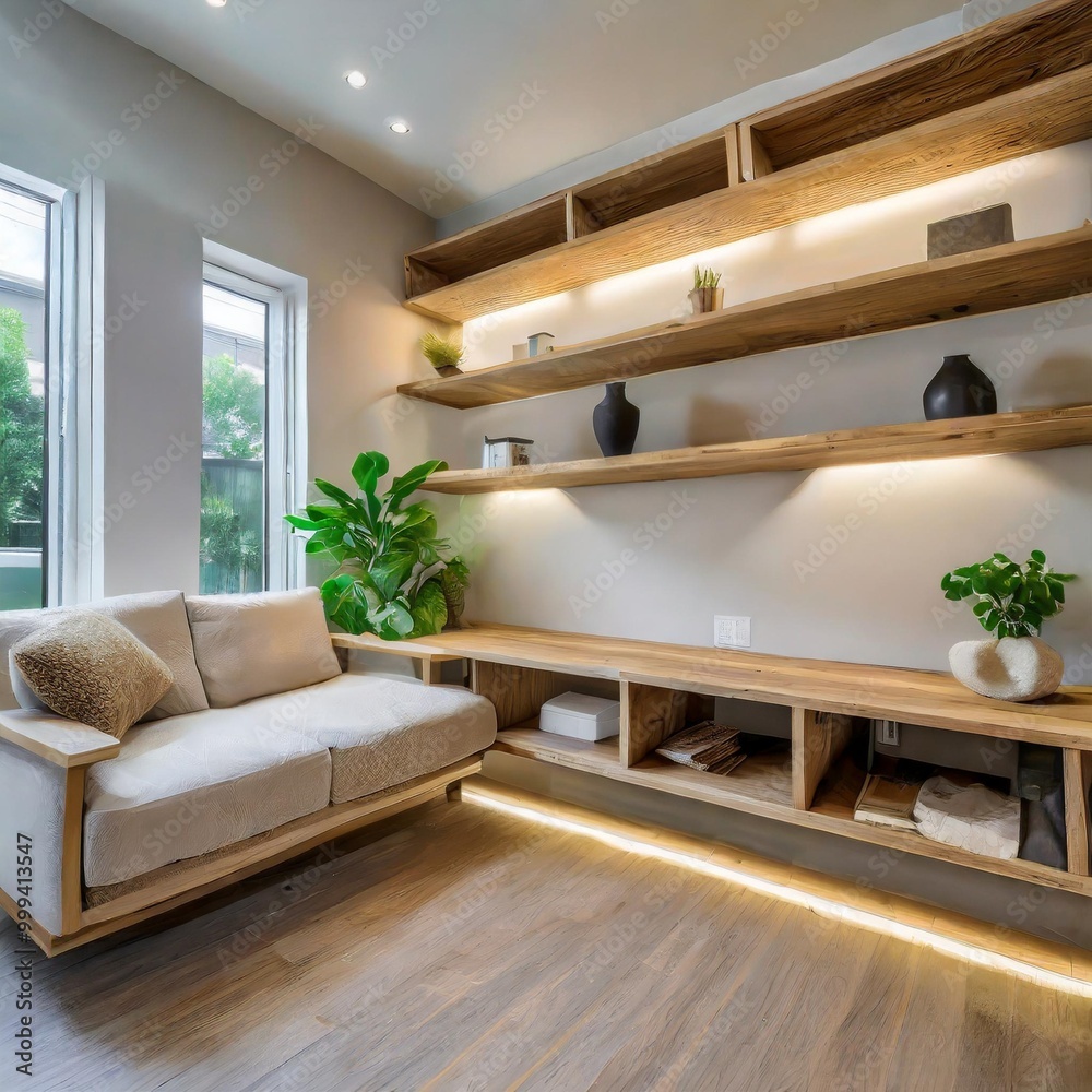 View of Floating shelves with built-in lighting for a sleek and minimalist ...