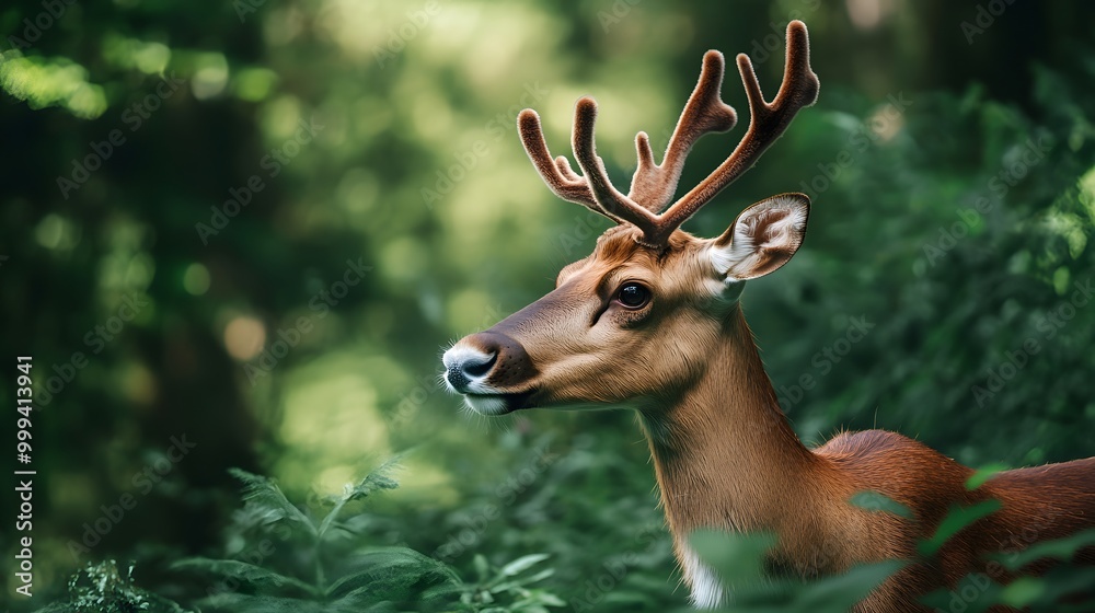 Naklejka premium One reindeer gazing into the distance in a lush forest