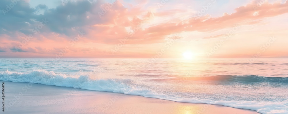 A tranquil sunset over the ocean, painting the sky with soft hues of pink and orange, evoking serenity and peace by the beach. A tranquil sunset over the ocean, painting the sky with soft hues of pink and orange, evoking serenity and peace by the beach.