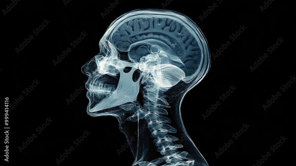 X-ray head scan, showing cranium and facial bones, 3D illustration X-ray head scan, showing cranium and facial bones, 3D illustration