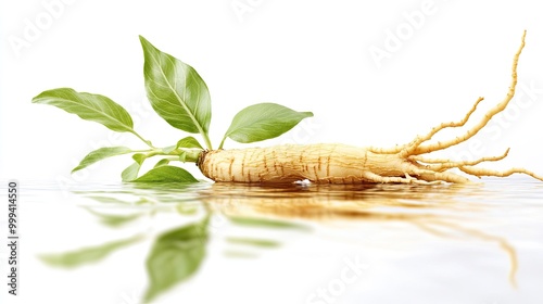 Horizontal Ginseng Root with Green Leaves and Water Reflection on White Background for Energizing and Anti-Aging Beauty Concepts in Banners and Posters