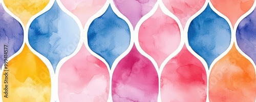 A vibrant watercolor pattern featuring interlocking shapes in shades of pink, blue, yellow, and purple.