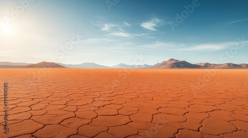 A vast arid landscape featuring cracked earth under a clear blue sky, illuminated by warm sunlight and distant mountain silhouettes.