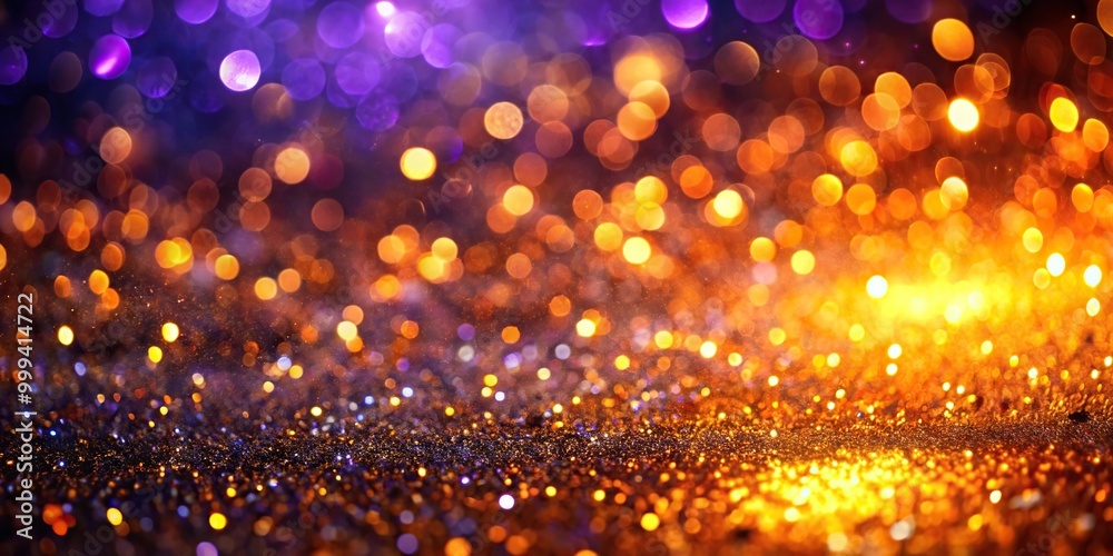 Abstract background with orange, purple, and golden glitter lights and gold glitter dust Abstract background with orange, purple, and golden glitter lights and gold glitter dust
