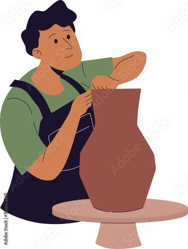 Young Man Making Pottery Illustration