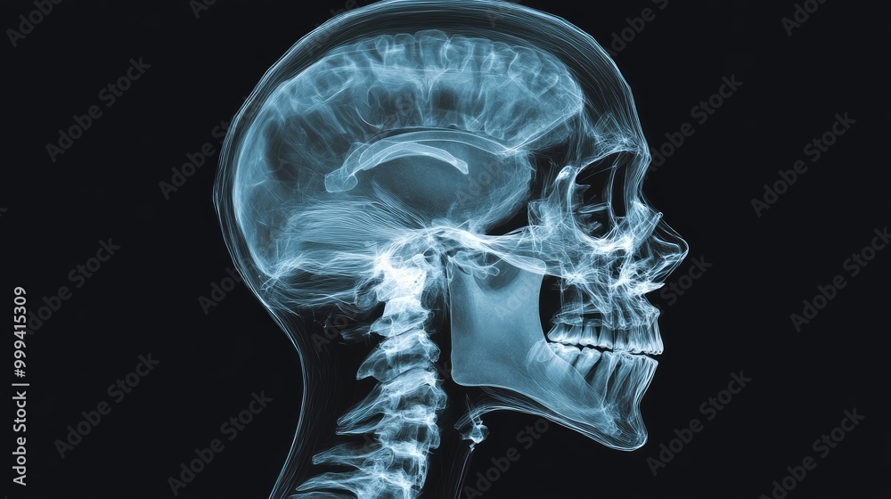 X-ray head scan, showing cranium and facial bones, 3D illustration X-ray head scan, showing cranium and facial bones, 3D illustration