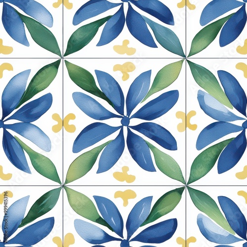 A vibrant tile pattern featuring blue and green leaves with yellow accents, creating a harmonious, floral design ideal for decorative purposes.