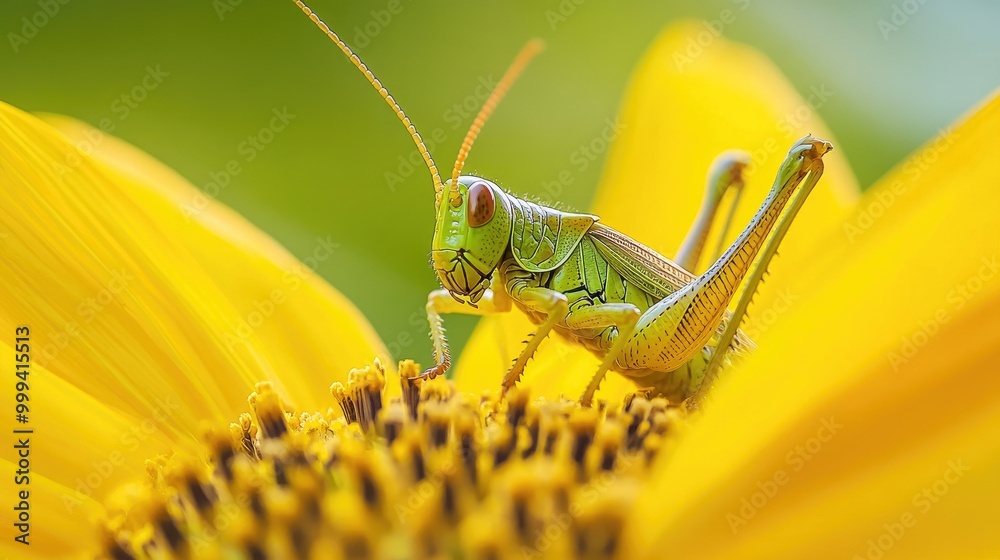 custom made wallpaper toronto digitalA macro shot of a grasshopper perched on a sunflower, its legs gripping the yellow petals tightly.