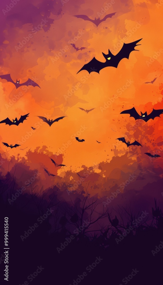 Minimalist Halloween Abstract Design with Bats and Glowing Orange Sky for Print and Posters Minimalist Halloween Abstract Design with Bats and Glowing Orange Sky for Print and Posters