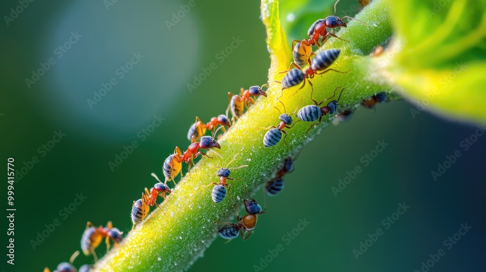 A macro shot of ants tending to aphids on a plant stem, illustrating their symbiotic relationship. A macro shot of ants tending to aphids on a plant stem, illustrating their symbiotic relationship.
