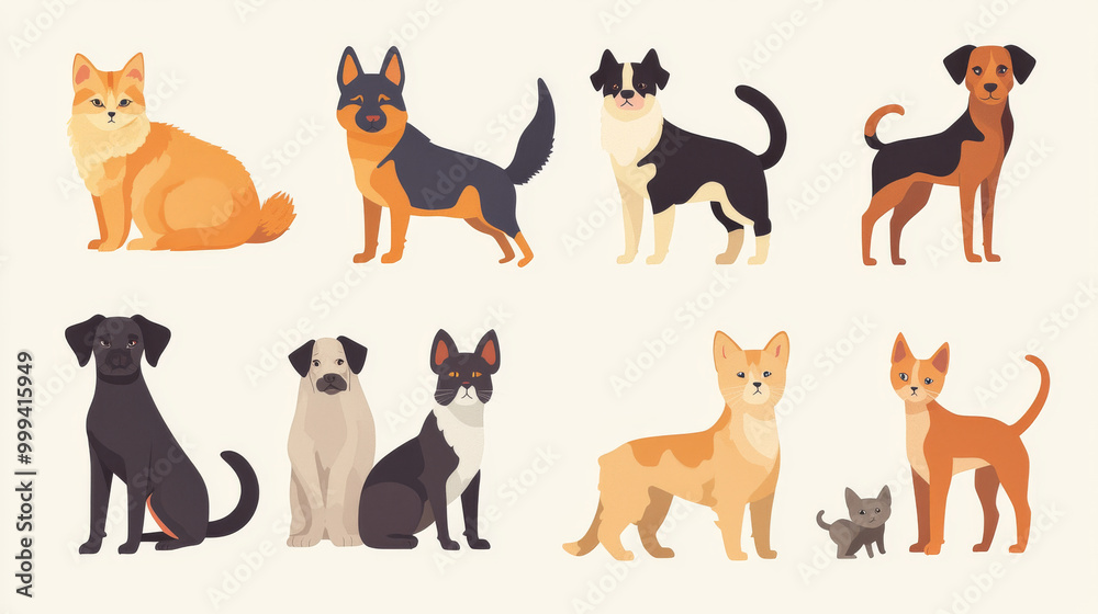 Set of various portraits of cats and dogs, featuring cute pets of different breeds. Hand-drawn vector illustration isolated on a light background in modern flat cartoon style Set of various portraits of cats and dogs, featuring cute pets of different breeds. Hand-drawn vector illustration isolated on a light background in modern flat cartoon style