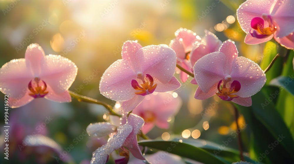 A misty morning scene with orchids blooming in a garden, the dewdrops sparkling on the petals as the sun rises. A misty morning scene with orchids blooming in a garden, the dewdrops sparkling on the petals as the sun rises.