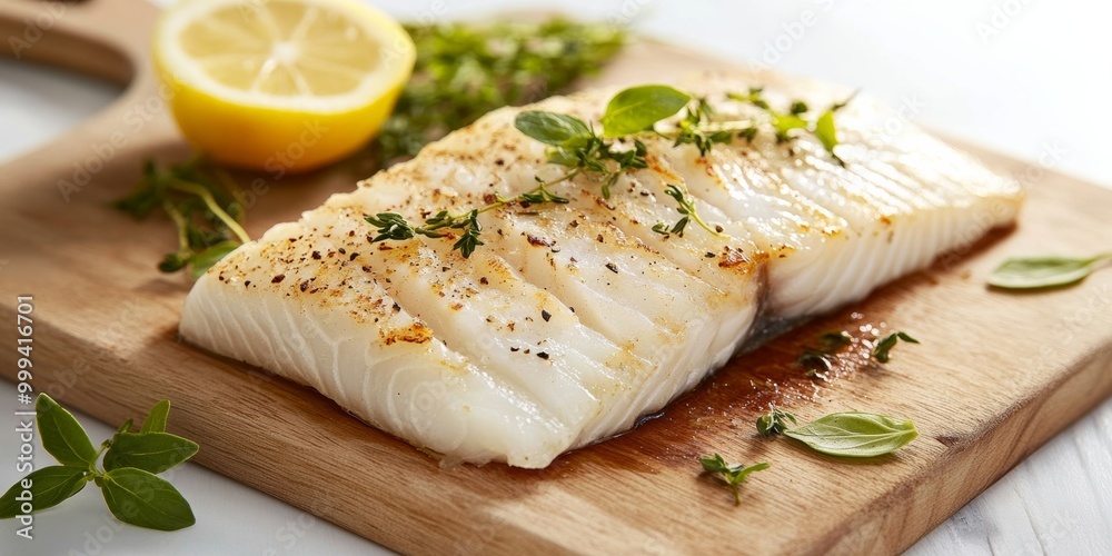 A realistic depiction of a fish fillet on a cutting board, garnished with herbs and lemon, showcasing its freshness and culinary appeal A realistic depiction of a fish fillet on a cutting board, garnished with herbs and lemon, showcasing its freshness and culinary appeal