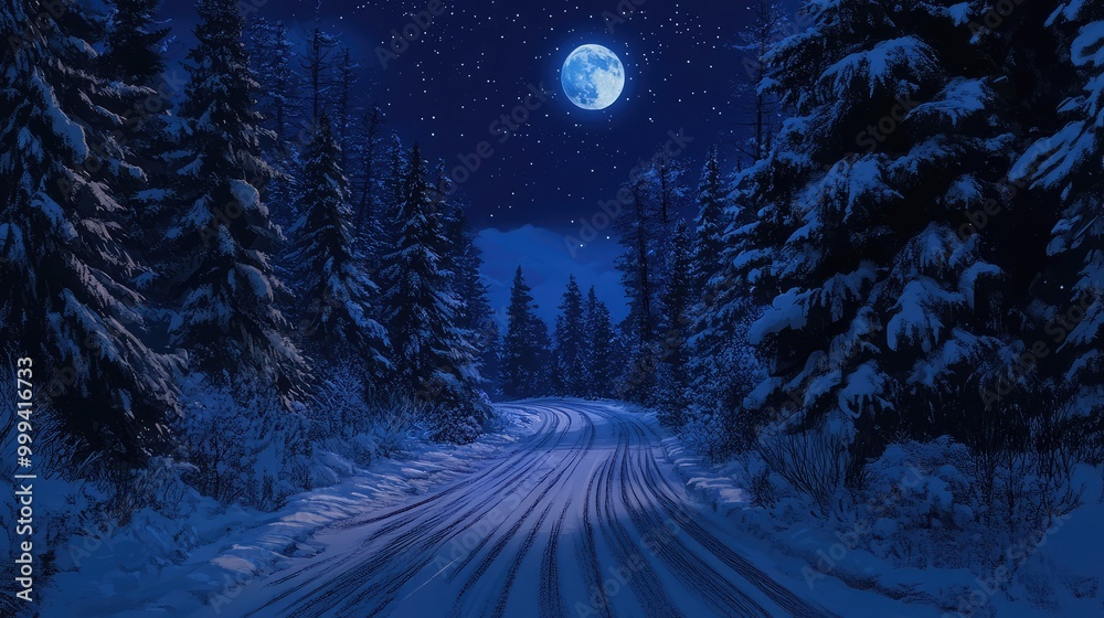 A long road through a winter forest at night, illuminated by a full moon casting soft blue light on the snow-covered trees, with the stars twinkling in the sky above A long road through a winter forest at night, illuminated by a full moon casting soft blue light on the snow-covered trees, with the stars twinkling in the sky above