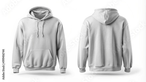 Front and Back View of Plain Gray Hoodie on White Background photo