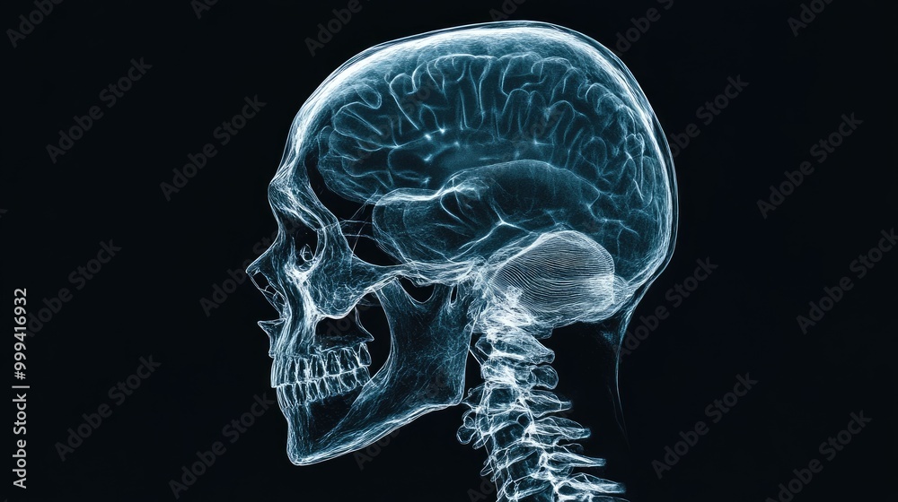 X-ray of human skull, side profile view, 3D illustration X-ray of human skull, side profile view, 3D illustration