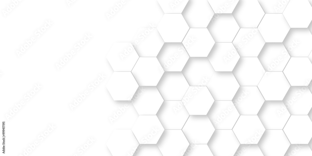 Vector abstract 3d white hexagon realistic mesh cell honeycomb texture. geometric white grid emboss hexagonal background. luxury emboss honeycomb white pattern shadow polygonal square web connection.