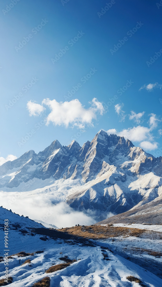 Fototapeta premium Vertical view of snow-covered mountain peaks with a clear blue sky and scattered clouds, highlighting the rugged terrain.