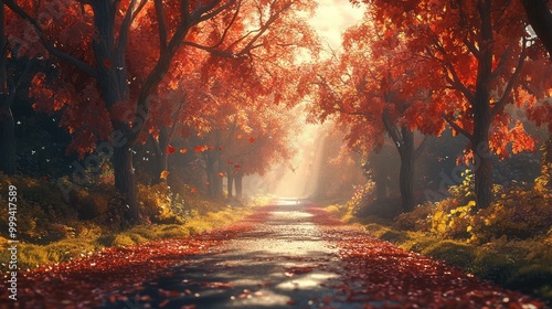 A long road through an autumn forest of red and orange trees, with sunlight reflecting off a nearby stream