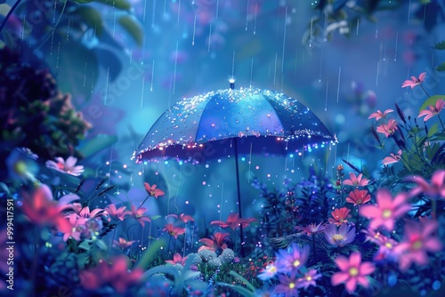 Enchanting autumn rain scene with umbrella and vibrant flowers in dreamlike garden. AI