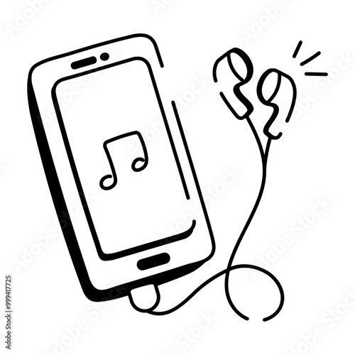 Doodle style icon of mobile music with handsfree 

