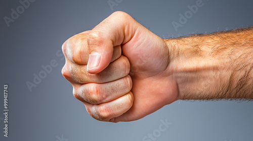 A close-up of a clenched fist representing strength, anger, or determination against a subtle gray background. Ideal for social commentary visuals. photo