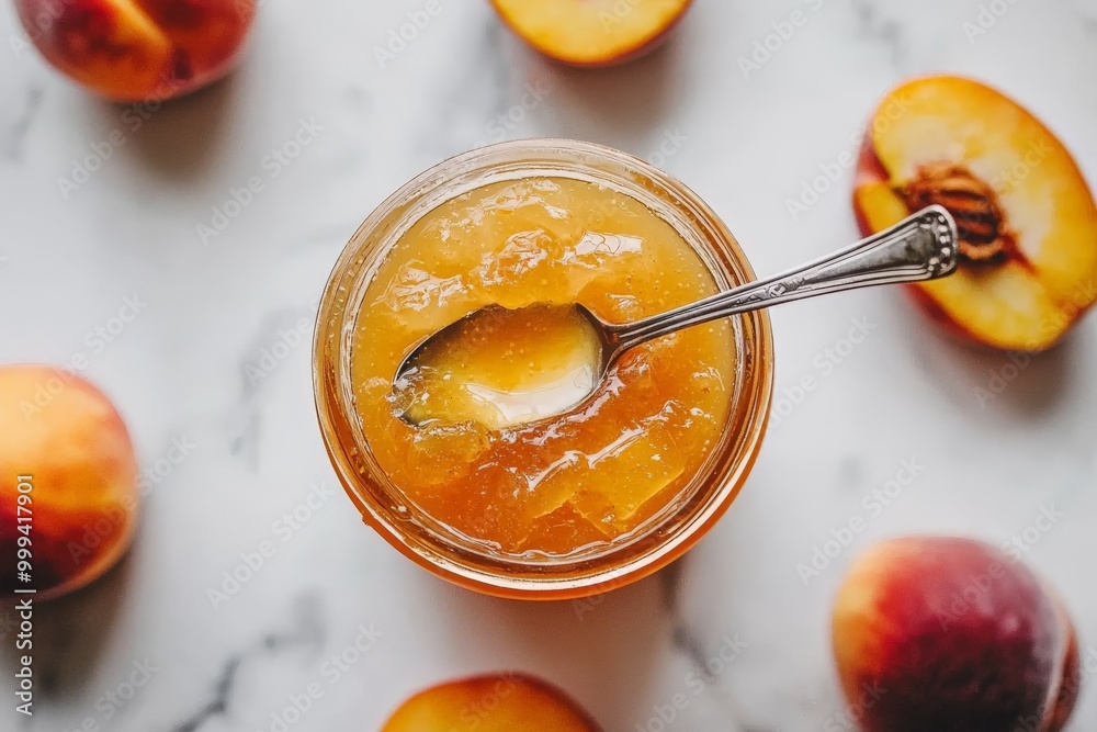an open jar with peach jelly and a spoon surrounded by peaches on a table an open jar with peach jelly and a spoon surrounded by peaches on a table