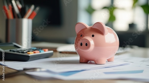 A piggy bank on a cluttered office desk, surrounded by financial documents and a calculator, symbolizing financial planning.