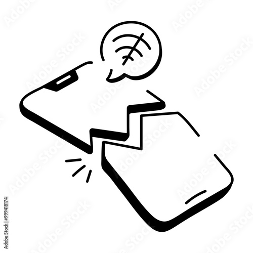 Hand drawn icon of connection lost with broken mobile 

