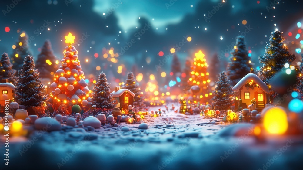 A festive winter scene with decorated trees and cozy cottages. A festive winter scene with decorated trees and cozy cottages.