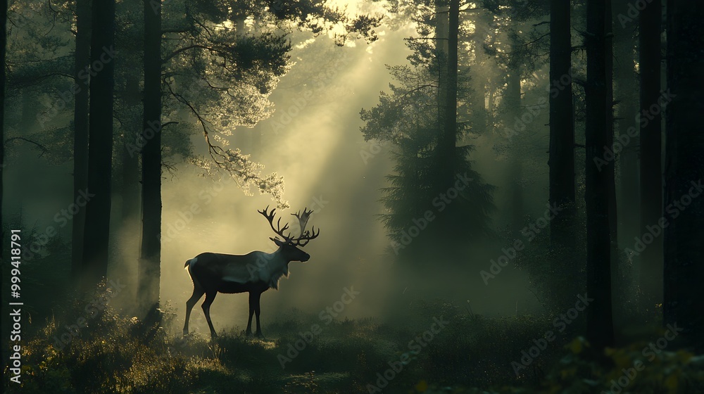 Fototapeta premium A reindeer in the middle of a misty forest with light breaking through the trees