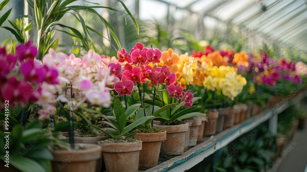 A row of potted orchids in a greenhouse, their vibrant blooms adding a touch of color and beauty to the lush green environment. - A row of potted orchids in a greenhouse, their vibrant blooms adding a touch of color and beauty to the lush green environment. -
