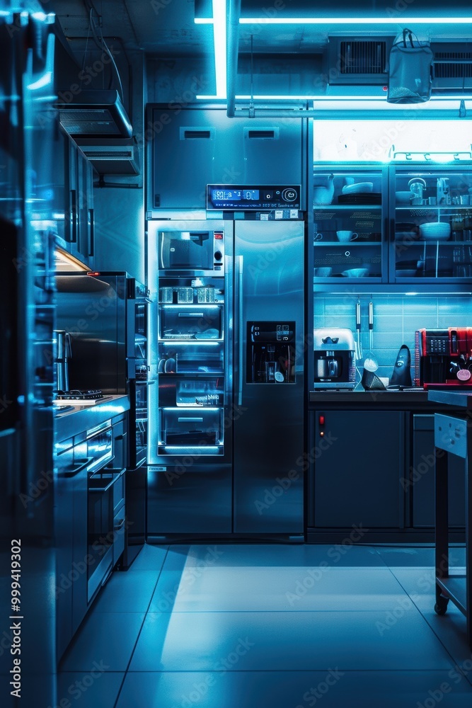 Cyber Week Banner Featuring High-End Smart Refrigerators and Coffee Machines with Neon Blue Lighting Cyber Week Banner Featuring High-End Smart Refrigerators and Coffee Machines with Neon Blue Lighting