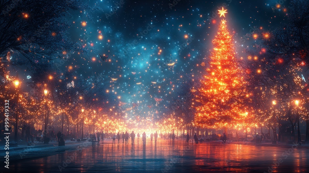 A festive scene with a glowing Christmas tree and shimmering lights. A festive scene with a glowing Christmas tree and shimmering lights.
