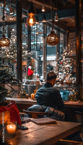 Cozy Modern Café with Customer Browsing Black Friday Deals Amid Holiday Decorations and Warm Lighting