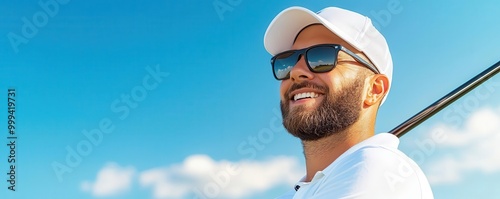 Golfer smiling while practicing their swing at the driving range on a clear day   golf practice, skill-building joy