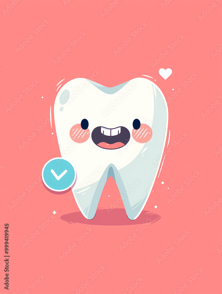 A happy cartoon tooth with a big smile and a checkmark beside it, on a pink background. This illustration symbolizes healthy teeth and good oral hygiene. A happy cartoon tooth with a big smile and a checkmark beside it, on a pink background. This illustration symbolizes healthy teeth and good oral hygiene.