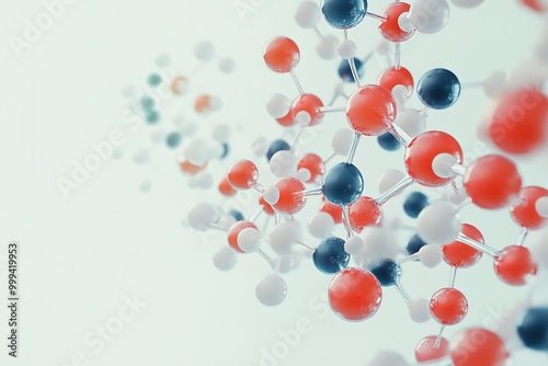 3D molecules in blue, red, white colors on light background