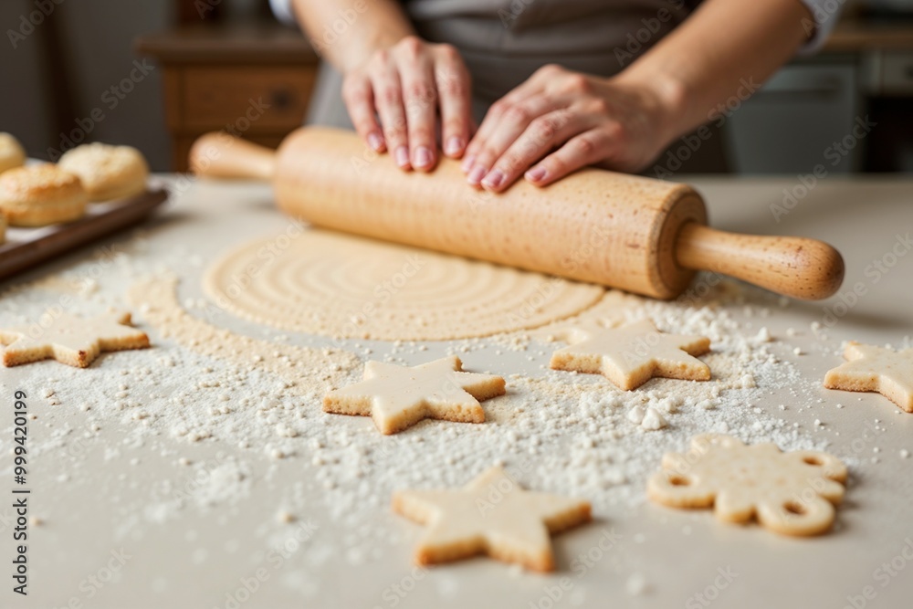 The baker's hands roll out the dough with a wooden rolling pin on a floured surface The baker's hands roll out the dough with a wooden rolling pin on a floured surface