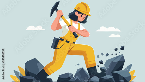 illustration of a mining worker breaking rocks, in a yellow costume, flat design style 