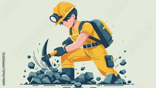 illustration of a mining worker breaking rocks, in a yellow costume, flat design style 