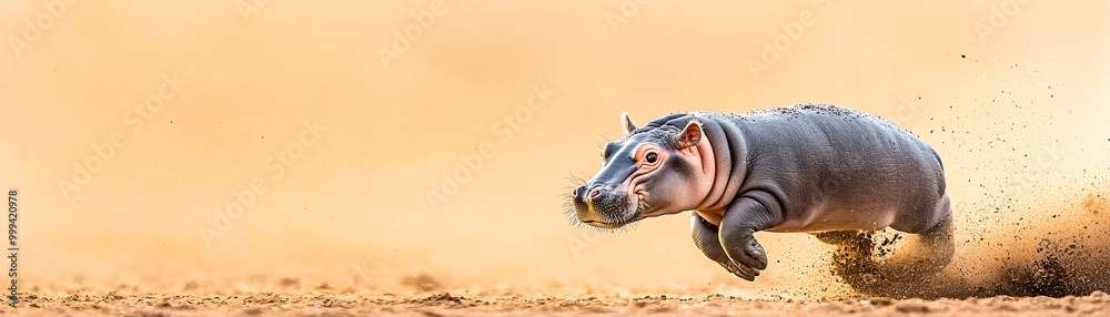 The baby pygmy hippo leaps off the ground in joy, its playful jump captured against a bright, natural background with room for copy space.