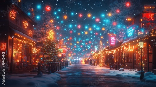 A festive street illuminated with colorful lights and decorations.