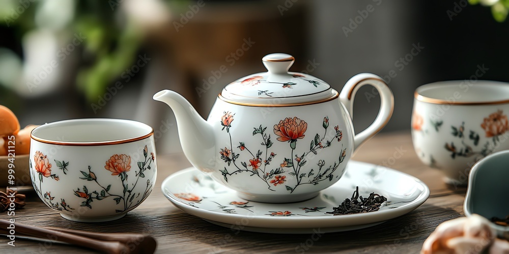 Teapot and cups with floral pattern on a wooden table. Teapot and cups with floral pattern on a wooden table.