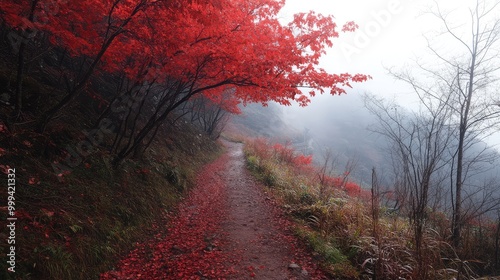 A narrow dirt path lined by towering red autumn trees, disappearing into a foggy valley