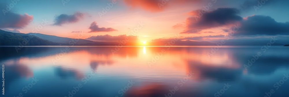 Serene Sunset Over Tranquil Lake, Vibrant Colors Reflecting on Water, Soft Horizon Blending Into Dusk, Peaceful Atmosphere Serene Sunset Over Tranquil Lake, Vibrant Colors Reflecting on Water, Soft Horizon Blending Into Dusk, Peaceful Atmosphere